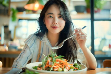 .Asian woman eating salad