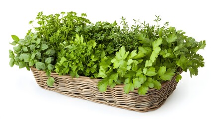 Fototapeta premium Realistic spread of mixed herbs (basil, parsley, cilantro) in a small wicker basket on a white background