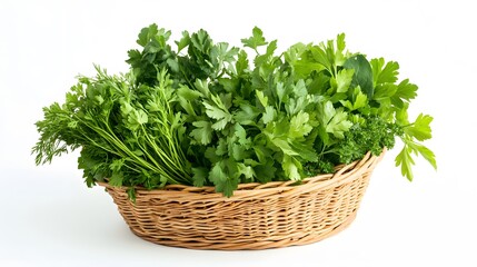Naklejka premium Realistic spread of mixed herbs (basil, parsley, cilantro) in a small wicker basket on a white background