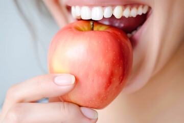 woman bites a ripe apple with white even teeth, close-up