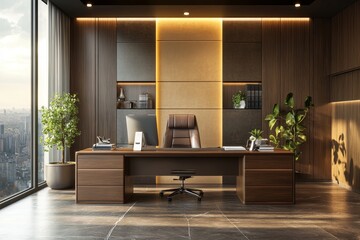 Luxury ceo workplace interior with desk near window, pc desktop and sideboard, Generative AI