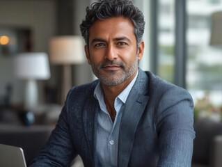 confident mature indian businessman working on a laptop in a stylish office exuding charisma and determination while gazing thoughtfully out a large window framed by sleek modern decor