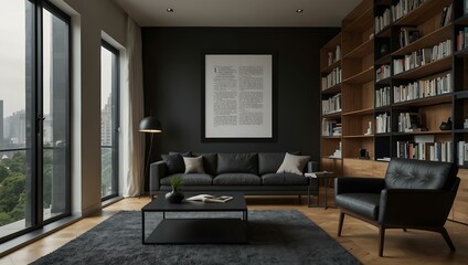 Modern reading room featuring a black-framed mockup.