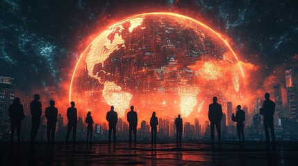 a group of mysterious people in suits, the concept of connection, financial management and control