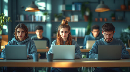 "Students working independently on laptops in a modern classroom, focused on assignments, representing education, learning, technology, and a collaborative academic environment."