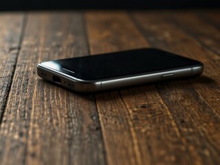 Modern smartphone on a wooden table with an empty black screen.