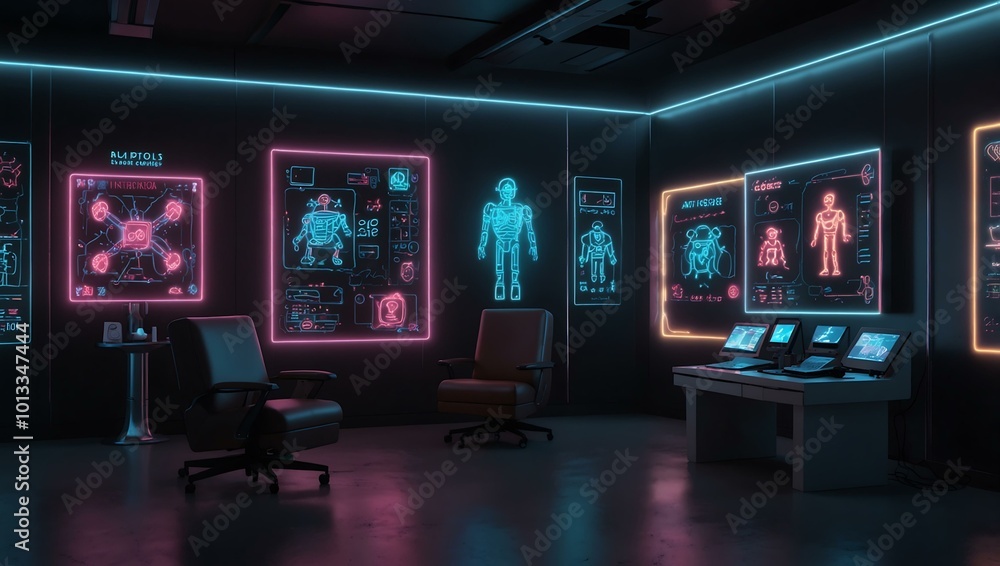 Poster modern tech scene with ai, robots, and digital interfaces, showcasing neon accents.1