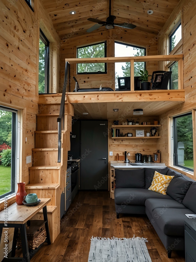 Aufkleber modern tiny house with efficient space use.