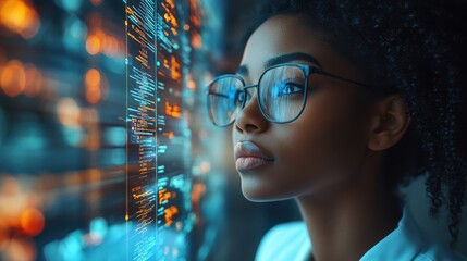 Female scientist wearing glasses analyzing glowing futuristic data on digital screens. Artificial intelligence research, advanced technology, and innovation in modern healthcare and scientific fields.