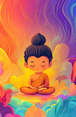 A cute cartoon illustration of Buddha meditating
