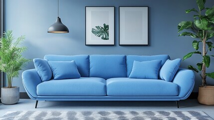 light blue couch with plants on both sides in a minimalist living room