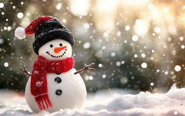 Funny snowman in stylish black hat and red scalf on snowy field. Merry Christmass and happy New Year! 