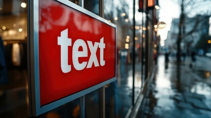 "Red sign with text displayed on a glass storefront window, bold letters on a bright day, promoting a seasonal discount, retail marketing, shopping event, and consumer attention."