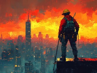 Naklejka premium construction worker on a rooftop depicted in action with tools set against a vibrant city skyline representing hard work and dedication in a modern urban environment