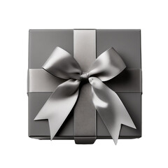a black and silver gift box with a bow on it