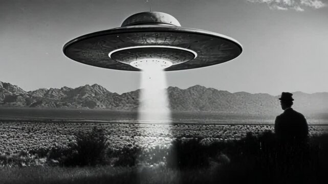 A UFO hovering over a desert landscape with a man observing in silhouette, evoking concepts of alien encounters and science fiction exploration