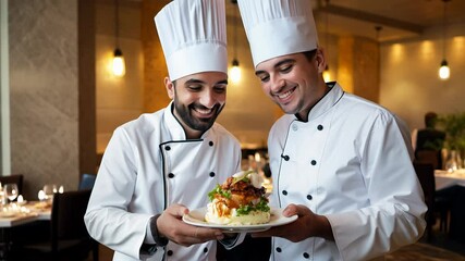 camera zooms in on two smiling chefs presenting a dish in a high-end restaurant, soft lighting, slow motion