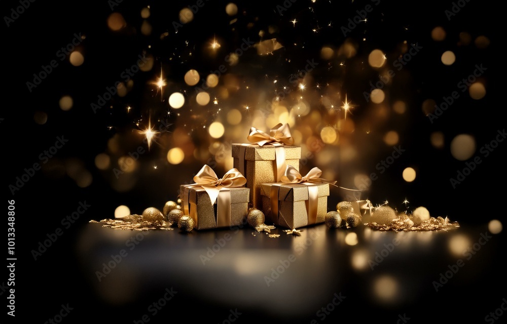 Poster three gold gift boxes with bows sit on a black surface with gold bokeh and glitter.