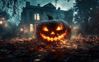 Naklejka premium Halloween. Jack o lantern on house background. Night halloween