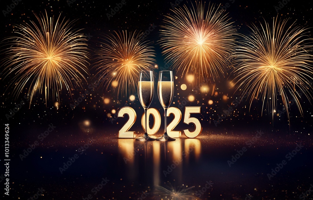 Wall mural two champagne glasses with golden 2025 in front of a festive, shimmering, firework display.