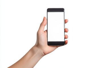 Hand holding smartphone isolated stock photo on white background