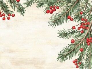 Festive Evergreen Pine Branches with Red Berries