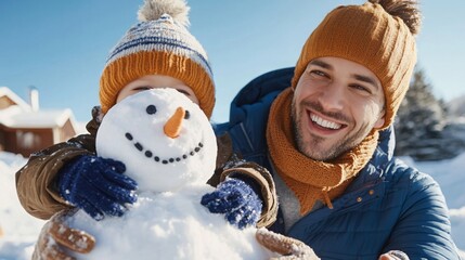 Family Fun Building a Snowman on a Winter Day