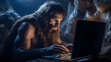 A caveman working at a computer. 