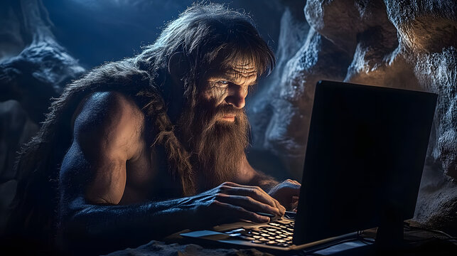 A caveman working at a computer. 