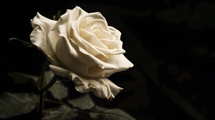 Close-up of a single white rose on a black background, symbolizing mourning and remembrance, slightly wilted to emphasize the somber theme.