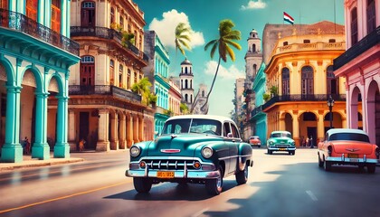 Naklejka premium A classic 1950s American car cruising down the vibrant streets of Old Havana, with colorful colonial buildings lining the road