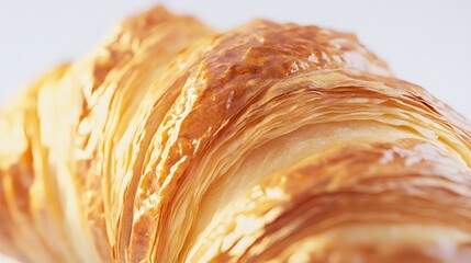 Realistic close-up of a croissant with flaky, golden layers on a white background, showcasing its buttery texture and crispy surface