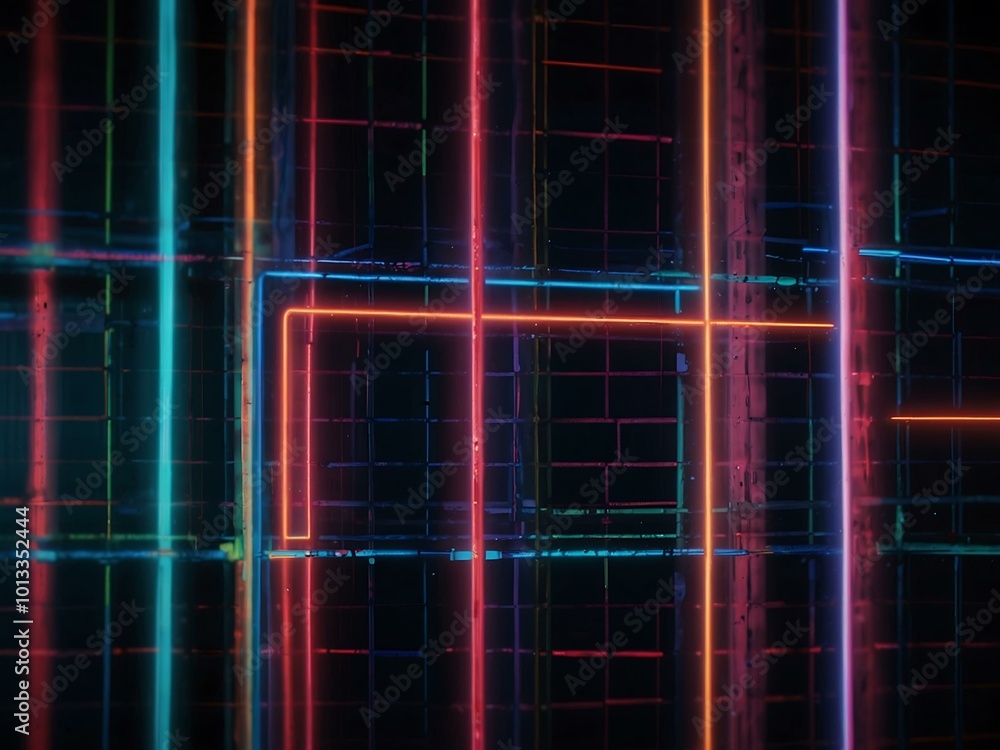 Poster neon bars and grid on a digital interface.