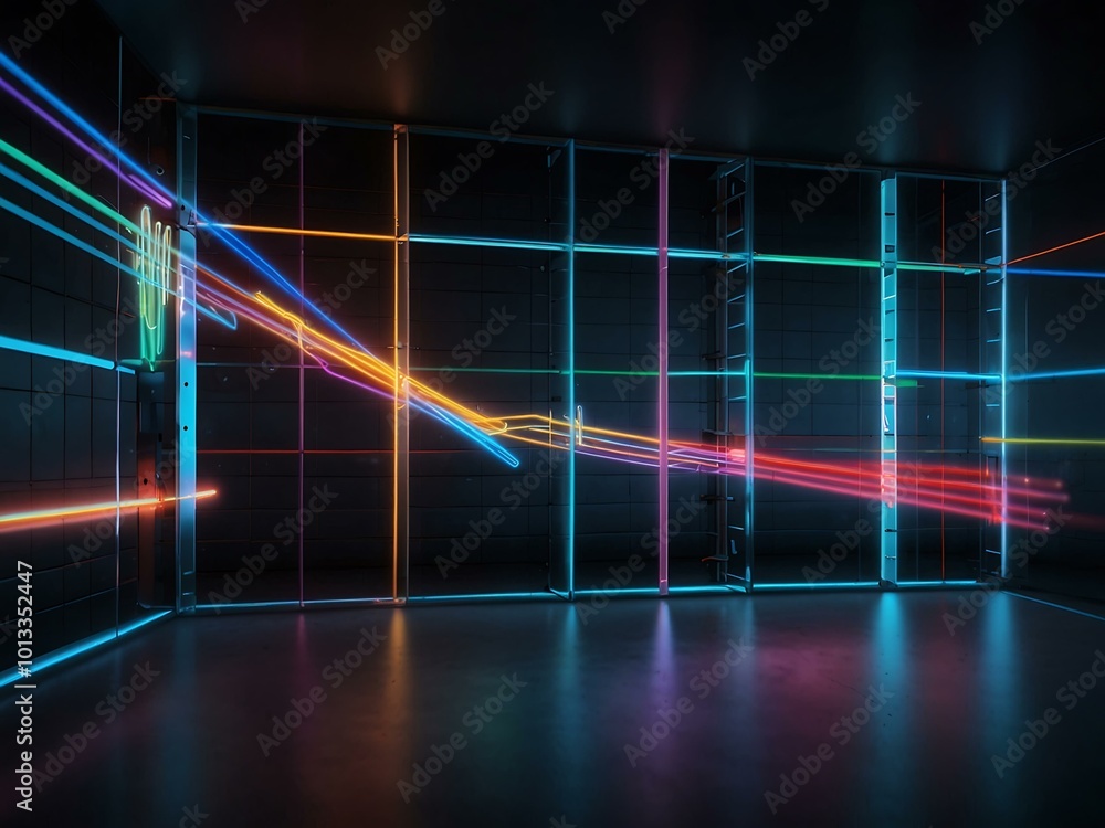 Poster neon bars and grid on a digital interface.