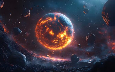 Fototapeta premium Fiery apocalyptic planet in deep space