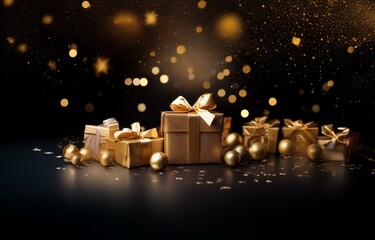Golden gift boxes with bows and baubles on a black background with golden bokeh lights.