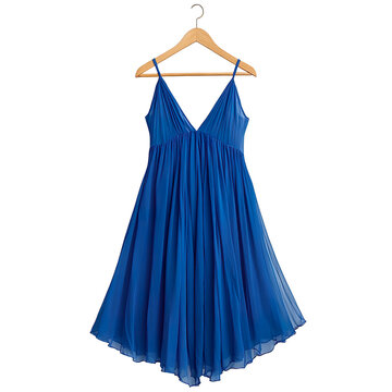cobalt blue women's maxi dress on a wooden hanger isolated on transparent background