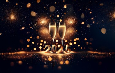 Two champagne glasses with golden liquid, fireworks, and the year 2025 in gold.