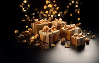 Golden gift boxes with bows, scattered gold stars and baubles on a black background with bokeh lights.