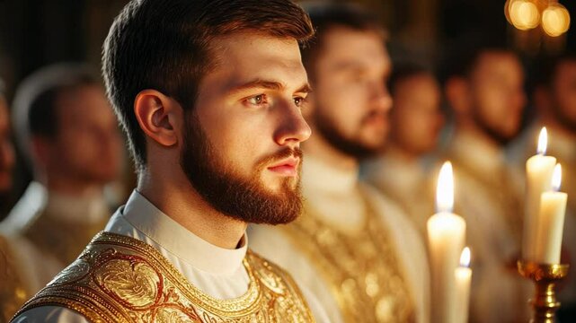 Young Caucasian man in liturgical vestments holding candles during an Orthodox Christmas service