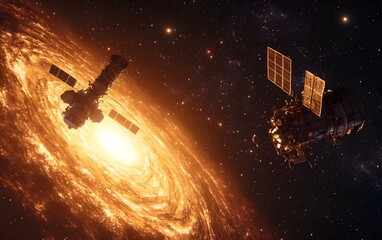 Satellite orbiting a fiery solar storm in space