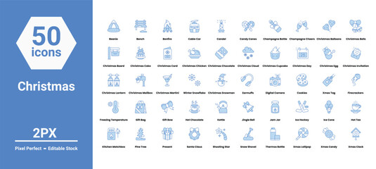 Christmas Blue line vector icons set stock illustration