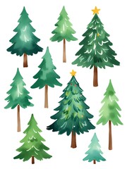 Watercolor christmas tree, pine tree, xmas clipart, christmas card invitation, decor, gift box, white background