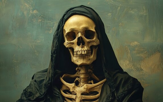 Skeleton mona lisa advertising poster. Costume. Halloween costume