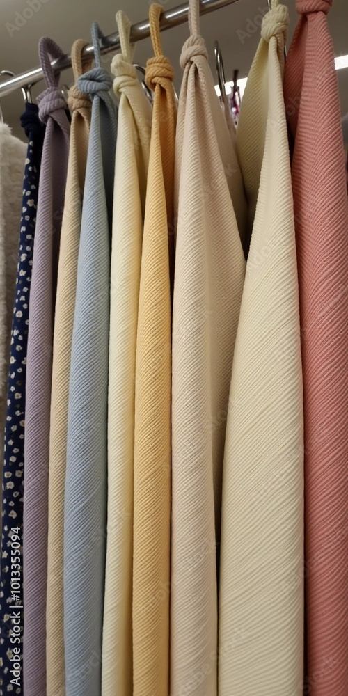 Poster intricately tied curtain knots hang gracefully in a textile shop, displaying a vibrant array of colo