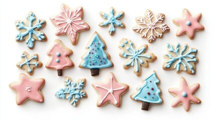 A set of Christmas cookies in festive shapes (stars, trees, snowflakes) decorated with colorful icing, neatly arranged on a white background. 