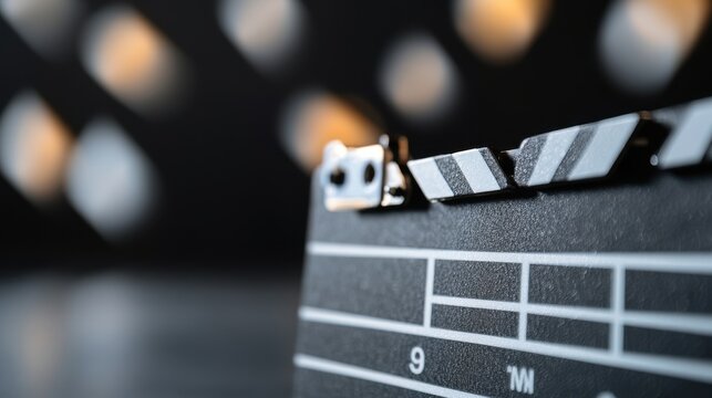 Close-up of a clapperboard with blurred lights in the background.