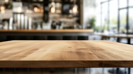 Wooden Tabletop with Blurred Cafe Background