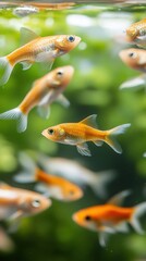 Colorful fish swimming gracefully in clear water, lush green background.
