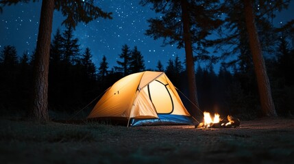 Cozy camping tent by a campfire under a starry night sky in the forest.